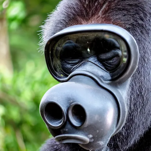 Image similar to high quality photo of A gorilla wearing a world war 2 gas mask, realism, 8k, award winning photo