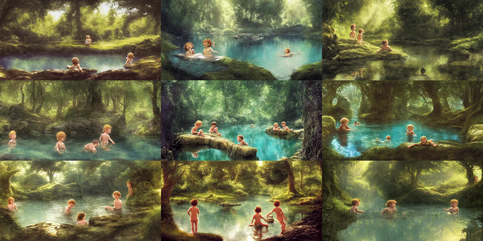 Prompt: two smiling hobbit children swimming in a mirror - like crystal clear swimming hole, by alan lee, dark forest background, sunlight filtering through the trees, digital art, art station.