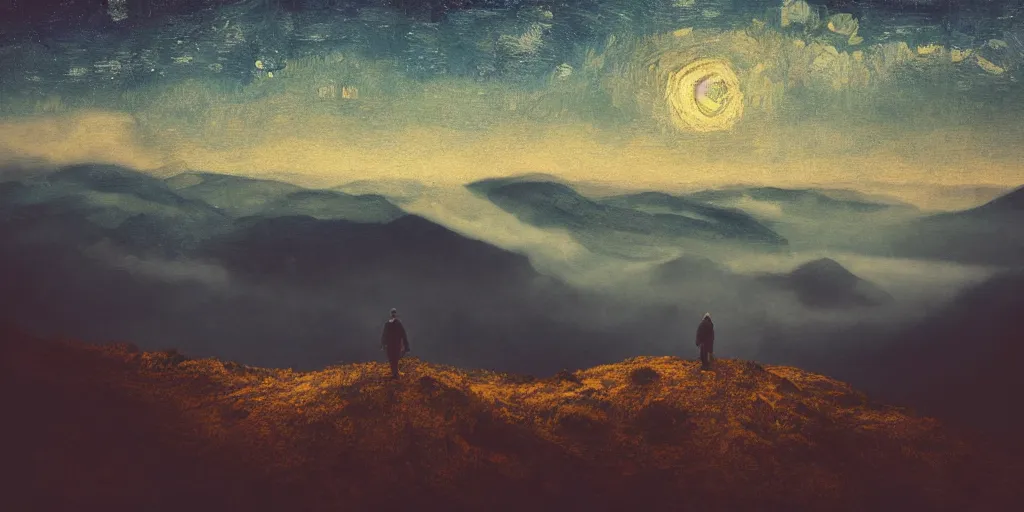 Prompt: landscape, layers, mountain ranges, dark sky, night, Van Gogh, atmospheric, cinematic, photographic, artstation, digital art, small man center standing on mountain, valley mist, fog, hazy, glow