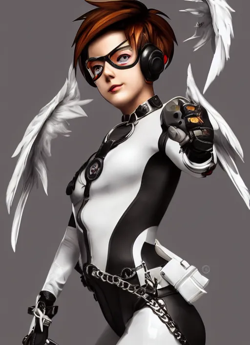 Image similar to portrait digital artwork of tracer overwatch, wearing white latex and leather straps catsuit outfit, in style of mark arian, angel wings, dramatic painting, wearing detailed leather collar, chains, black harness, detailed face and eyes,