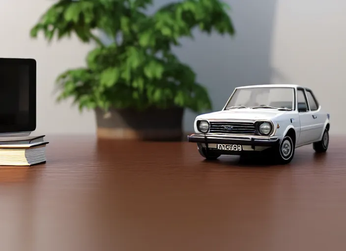 Image similar to a small miniature of a Ford Cortina 1980 on a white table near a book and a vase with a plant, 3d render, octane render, unreal engine 5, path tracing, serene landscape, calm, relaxing, beautiful landscape, highly detailed, high quality, 4k, symmetrical, low contrast