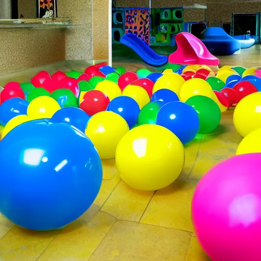 Prompt: indoor children ’ s playground with pool filled with colorful plastic ocean balls