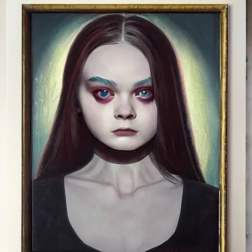 Image similar to a striking oil painting of Elle Fanning , dark, metal, occult, by Edward Hughes