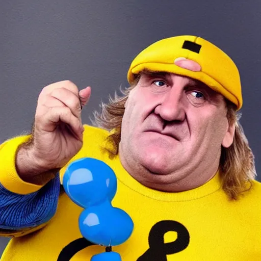 Image similar to Gérard Depardieu as Wario, yellow overall, yellow cap, the letter W, in a kart, Nintendo, render