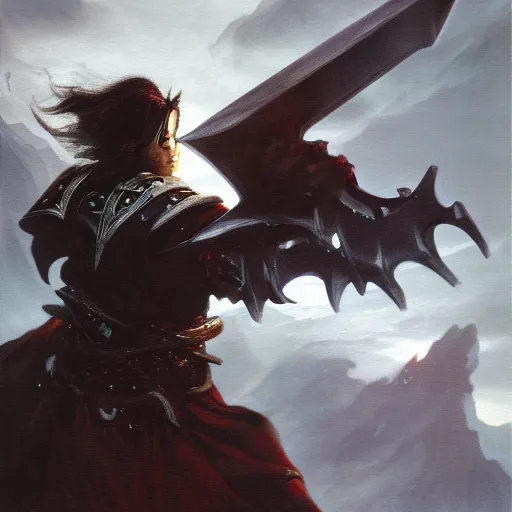 Image similar to fantasy painting of Elric wielding a giant black sword, painted by Bayard Wu, ultra detailed, 8k