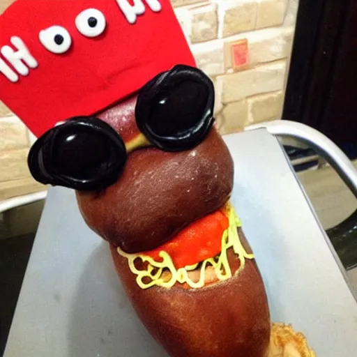 Image similar to a hotdog with the face of snoop dogg inside it