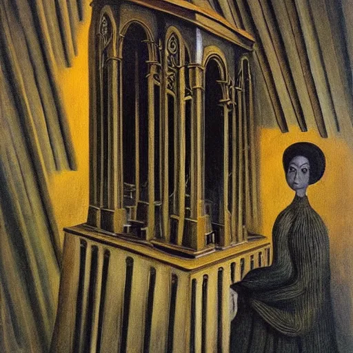 Prompt: an original painting by remedios varo, a building surrounded by angels