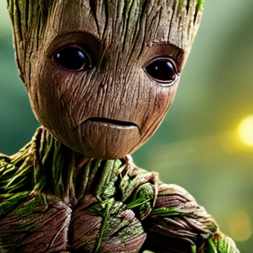 Image similar to baby groot getting bigger, meaner and transforming into hulk, big muscles, mutant, dc universe, bokeh, high quality dof