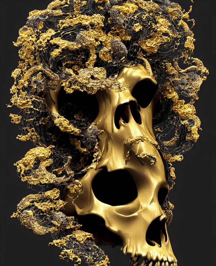 Image similar to fully black background. background hex 000000. goddess princess face close-up portrait ram skull. sculpture made of gold and black charcoal. jellyfish phoenix head, nautilus, orchid, skull, betta fish, bioluminiscent creatures, intricate artwork by Tooth Wu and wlop and beeple. octane render, trending on artstation, greg rutkowski very coherent symmetrical artwork. cinematic, hyper realism, high detail, octane render, 8k