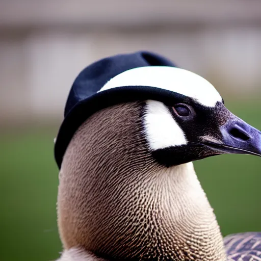 Prompt: Canadian Goose with a funny hat, Portrait Photo, Out of focus