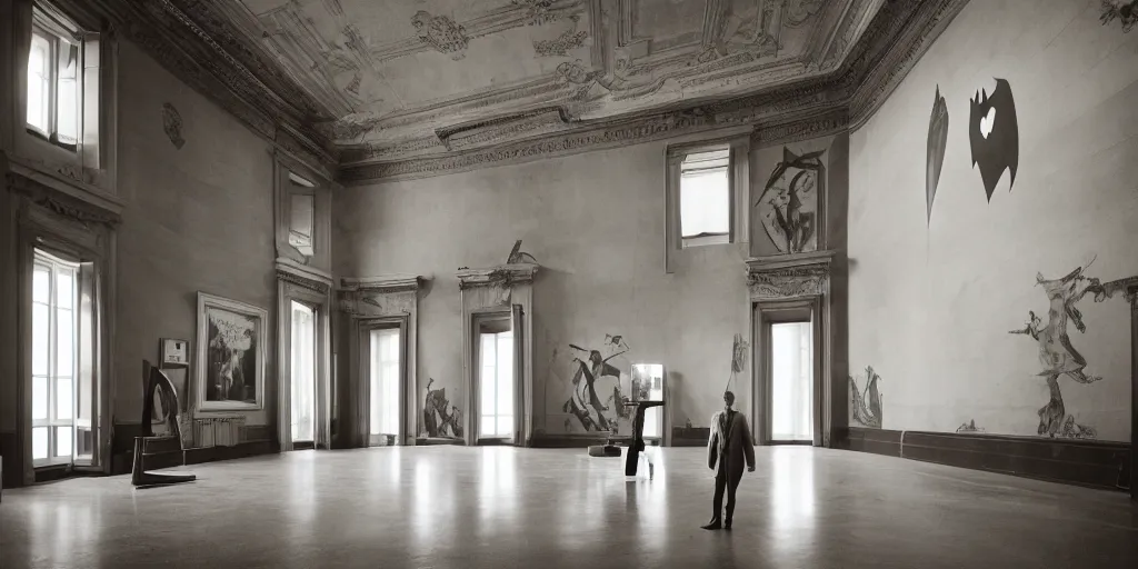 Image similar to Batman standing in giant Italian modern castle living room, clean minimalist design, that is 1300 feet tall, with very tall giant walls filled with modern art paintings, doors that are cosmic portals, photo by Annie Leibovitz