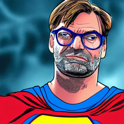 Image similar to Jürgen Klopp wearing a superman custom by Bryan Hitch, comic, dramatic, 4k, trending on artstation