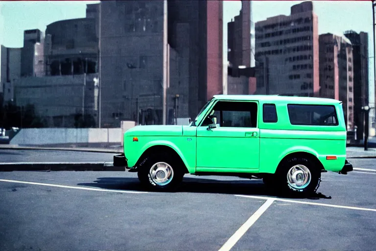 Prompt: stylized poser of a single 1973 Volkwagen Bronco, thick neon lights, ektachrome photograph, volumetric lighting, f8 aperture, cinematic Eastman 5384 film