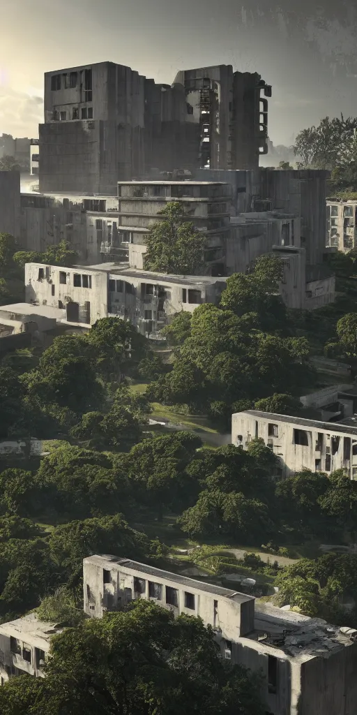 Prompt: brutalist architecture by Le Corbusier, high magnificent abandoned buildings, surrounded by lush green vegetation, stunning volumetric lighting, sunset, solid concrete, stunning skies, trending on Artstation, 8k, photorealistic, hyper detailed, unreal engine 5, IMAX quality, cinematic, epic lighting, in the style of DOOM and Quake and Greg Rutkowski