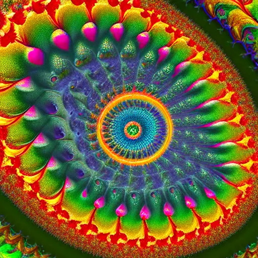 Image similar to hyper realistic fractal art featuring ultra detailed infinities spiralling through the universe in a multicolored macro world of unfathomable complexity