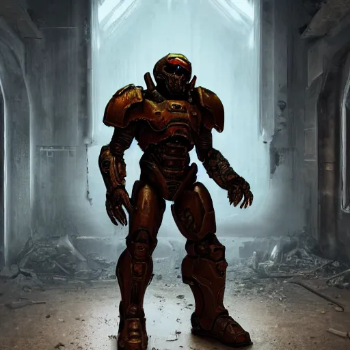 Image similar to doom marine wearing heavy praetor armor in an abandoned facility, au naturel, hyper detailed, digital art, trending in artstation, cinematic lighting, studio quality, smooth render, unreal engine 5 rendered, octane rendered, art style by klimt and nixeu and ian sprigger and wlop and krenz cushart