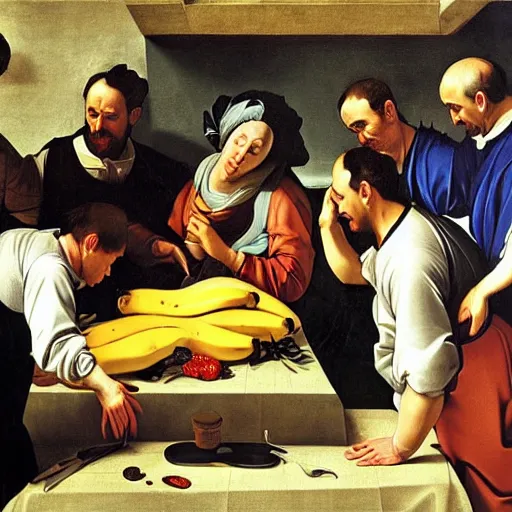 Image similar to doctors doing a operation on a cartoonish banana, caravaggio