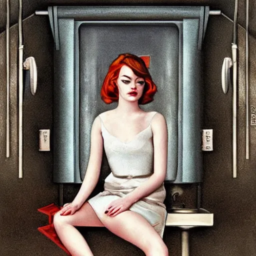 Image similar to emma stone in soviet public toilet, sharp focus, detailed, art by artgerm trufanov rolf armstrong, lucian freud dragan bibin