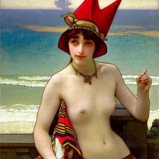 Image similar to A girl with jester hat and clothes on the front of a Balustrade with a beach on the background, major arcana clothes, by paul delaroche, alphonse mucha and arnold böcklin arnold böcklin hyperrealistic 8k, very detailed