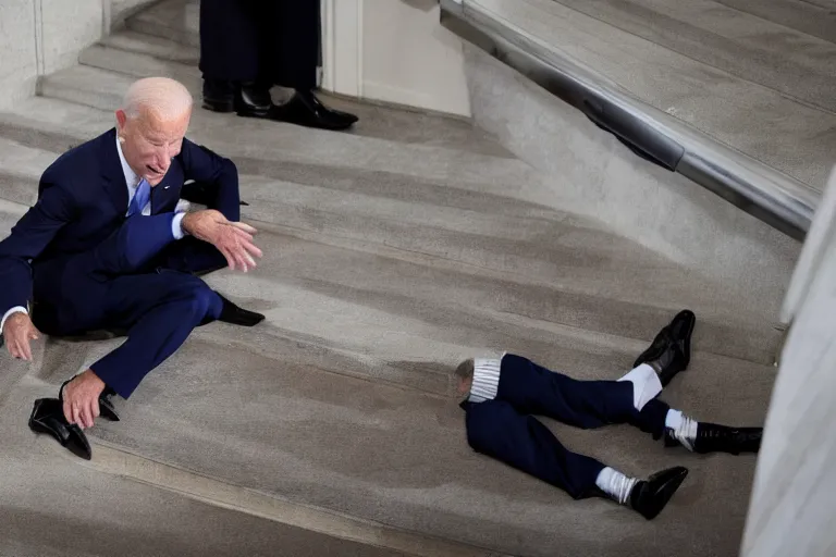 Image similar to joe biden in pain falling down stairs