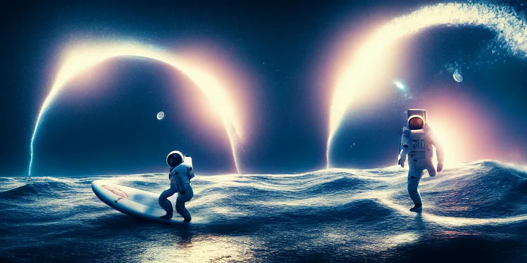 Prompt: astronaut surfing a surfboard on a sparkly crashing wave of stardust in space, background is a moon in nebula, octane render, unreal engine, wide view, 8 k, highdetaild