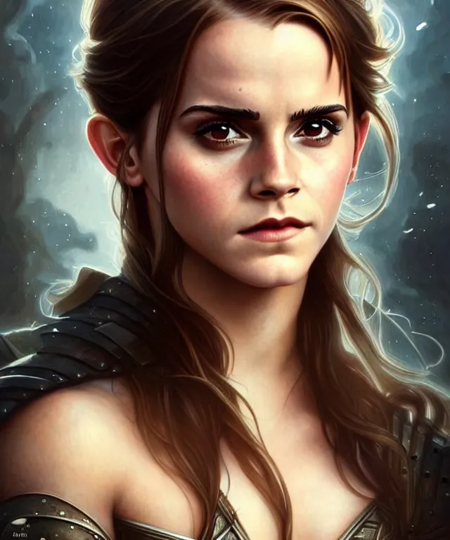 Image similar to Emma watson Muscular and powerful medieval noble woman portrait, sci-fi, amber eyes, face, long hair, fantasy, intricate, elegant, highly detailed, digital painting, artstation, concept art, smooth, sharp focus,8k, illustration, art by artgerm and greg rutkowski and alphonse mucha