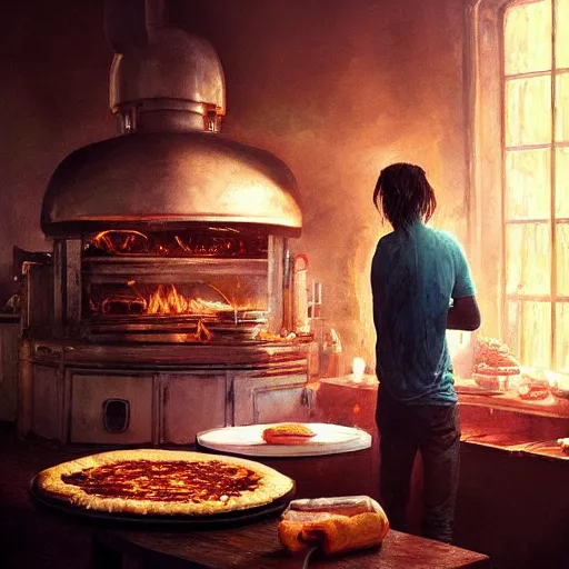 Image similar to a portrait of nick cave baking pizza, eerie colors, dramatic light, gorgeous view, depth, high detail, digital art, painted by greg rutkowski and seb mckinnon, trending on artstation