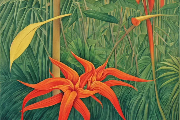Image similar to heliconia in a graden, art by Henri Rousseau