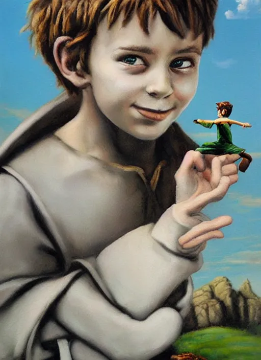 Image similar to lifelike oil painting portrait of peter pan by banksy