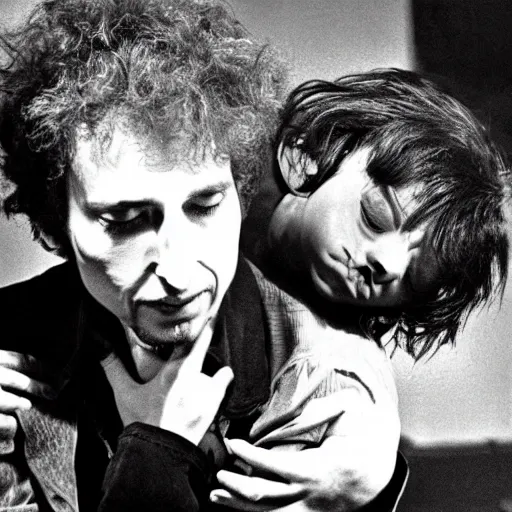Image similar to bob dylan cradling belial from basket case like a baby, photograph, 1 9 6 5