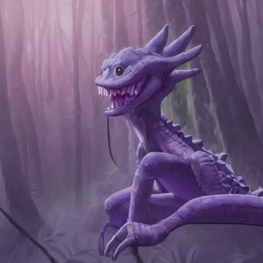 Image similar to concept art painting of an anthropomorphic purple gray anime reptile humanoid, in the deep forest, realistic, detailed, cel shaded, in the style of makoto shinkai and greg rutkowski and james gurney