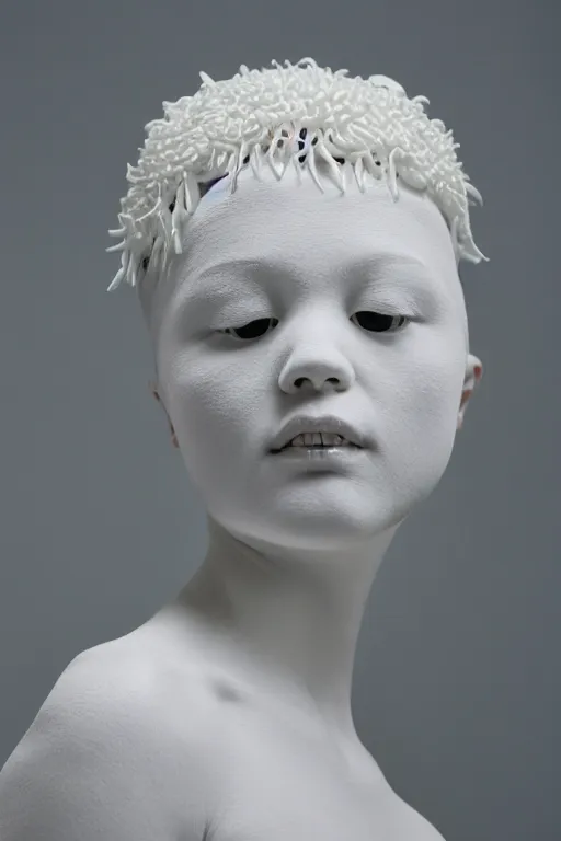 Prompt: full head and shoulders, beautiful female porcelain sculpture by daniel arsham and raoul marks and james jean, smooth, all white features on a white background, delicate facial features, white eyes, white lashes, detailed white 3 d skulls on head