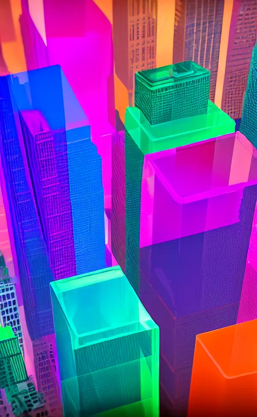 Prompt: colorful highly translucent jello gelatin pieces in the shape of chicago skyscrapers, no windows, aerial photography, vibrant colors, canon 1 - dx, shallow depth of field, tilt shift, dramatic lighting, smooth surfaces, photorealistic, unreal engine render, octane render, 8 k