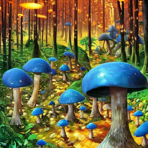 Image similar to mushroom village located deep in a forest, bioluminescent blue mushrooms, mushroom houses, art by james christensen, rob gonsalves, paul lehr, leonid afremov and tim white