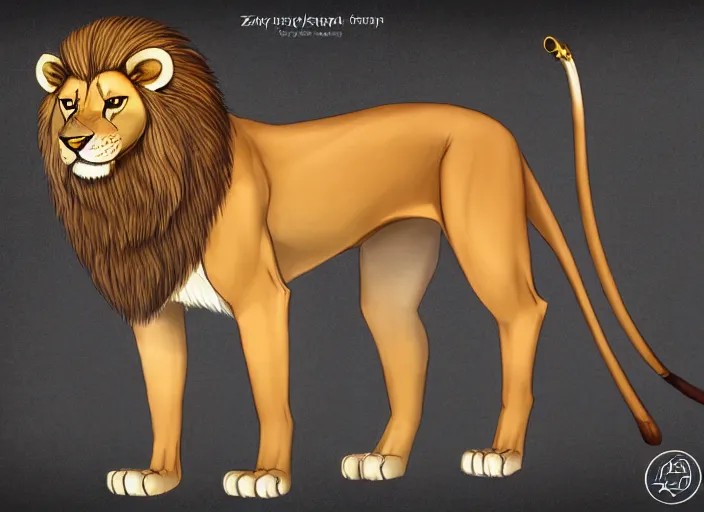 Image similar to fullbody feral egyptian lion character design of an egyptian lion. egyptian lion deviantart adoptable, style of maple story and zootopia, disney portrait studio lighting by jessica rossier and brian froud in the style of disney, traditional