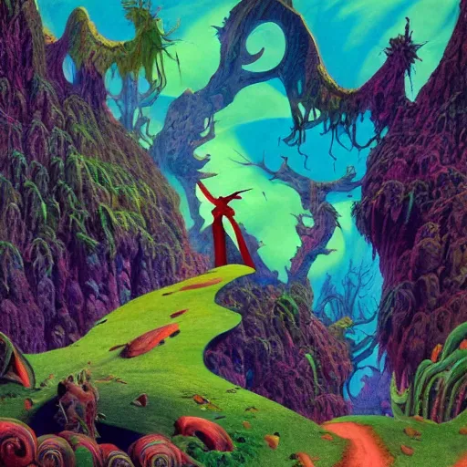 Prompt: Vampire traveling through a beautiful psychedelic world, illustrated by Roger Dean, masterpiece, vibrant colors, trending on artstation