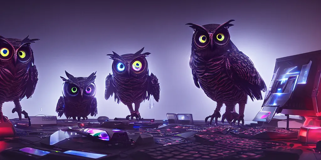 Image similar to an giant evil, malevolent, cyborg owls looking at a computer, surrounded by computer screens. this 4 k hd image is trending on artstation, featured on behance, well - rendered, extra crisp, features intricate detail and the style of unreal engine. volumetric lighting octane render