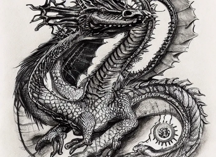 Image similar to pen and ink drawing, real dragon with steam punk apparatus strapped to it, white background, Olivia Kemp, julia Hill