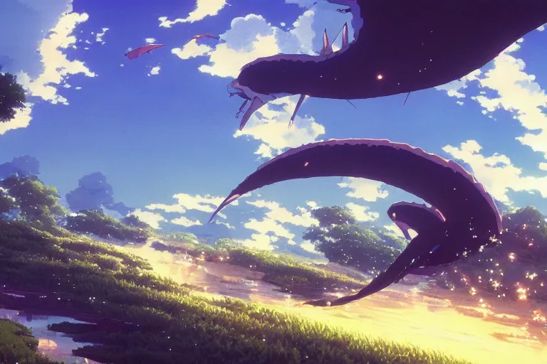 Image similar to painting of a dreamscape, a flying leviathan in the foreground, exterior wide shot, otherworldly and ethereal by kazuo oga in the anime film by studio ghibli, screenshot from the anime film by makoto shinkai