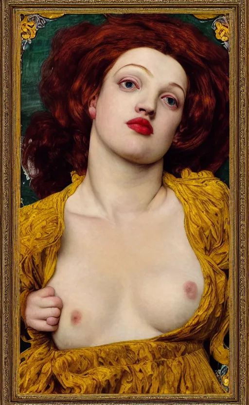 Prompt: preraphaelite full body reclining portrait photography masterpiece, facial features are a hybrid of judy garland and jo brand, thin aged 2 5, foreshortening, brown hair fringe, yellow ochre ornate medieval dress, kilian eng and william holman hunt, frederic leighton, ford madox brown, william morris, framed, 4 k