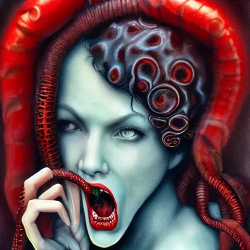 Image similar to highly photorealistic expired fuji film portrait of woman with long tentacled red tongue combined with stranger creatures, in the style of frank bairstow, artgerm, imax quality, 8 k, award winning photography