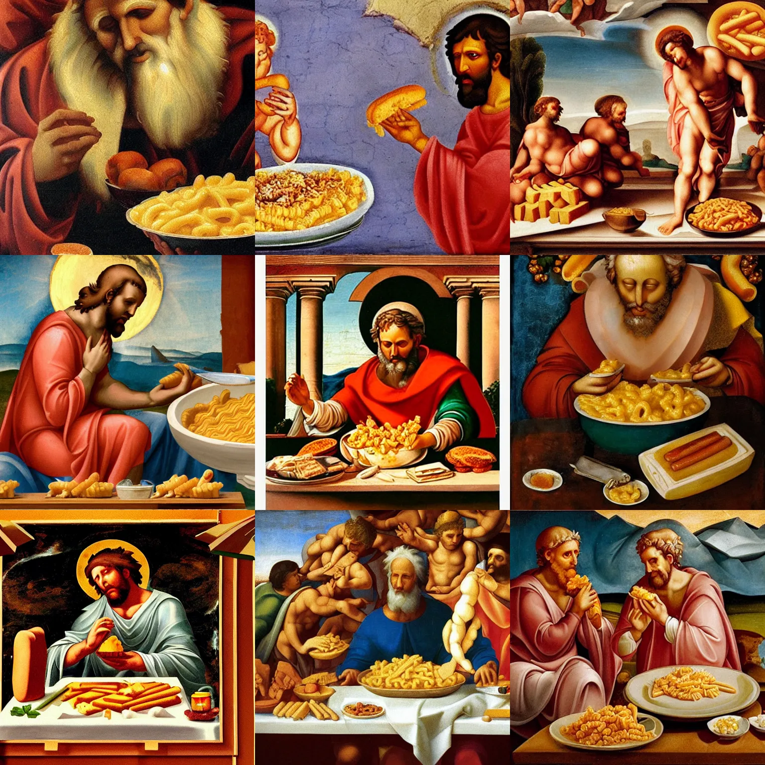 Prompt: god eating a bowl of mac and cheese and hot dogs by michelangelo, fresco painting, masterpiece