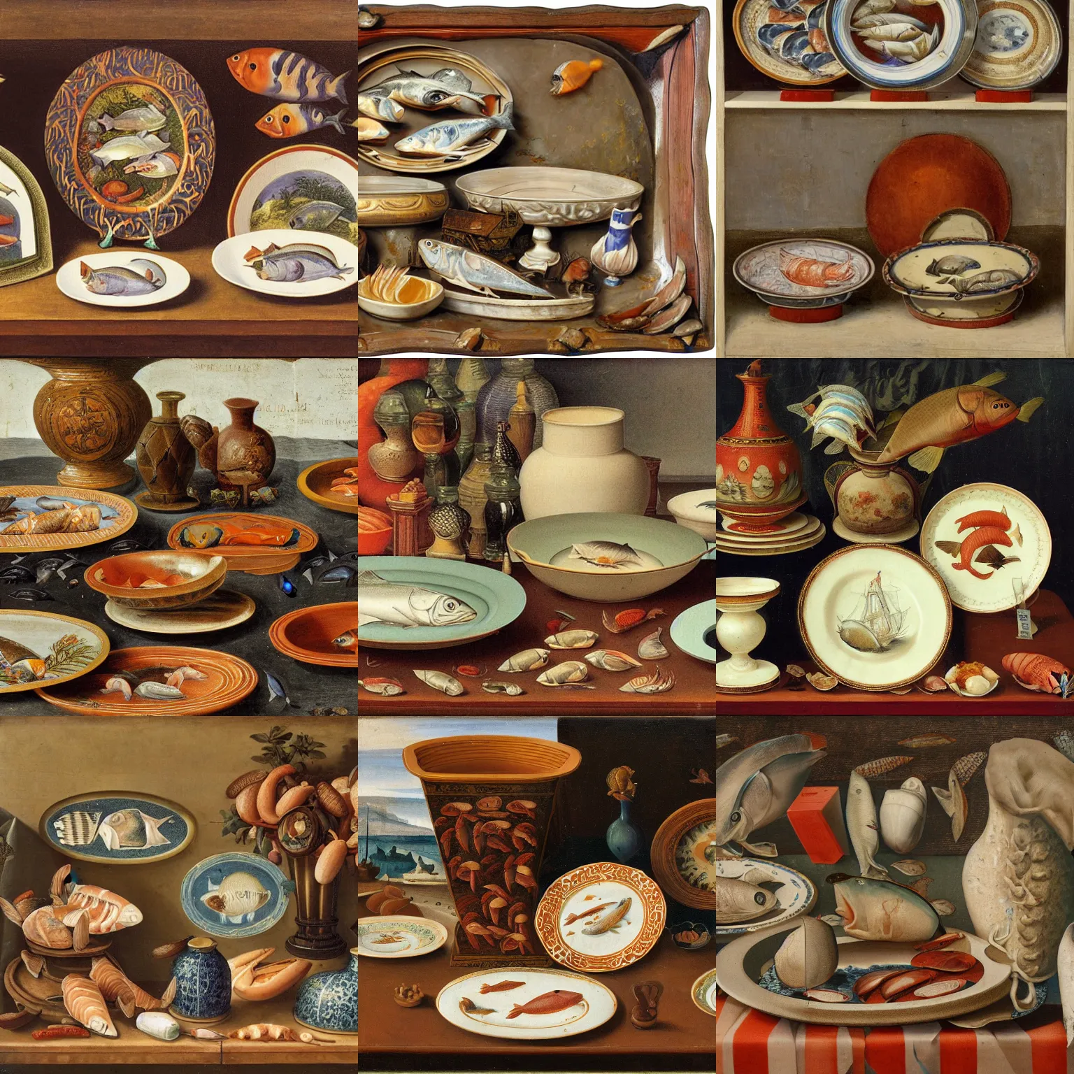 Prompt: vases and plates containing seafoods, renaissance