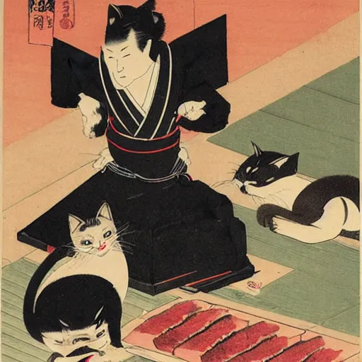 Image similar to angry japanese butcher slices meat next to \ two cute cats looking at him, vintage, painting by utamaro