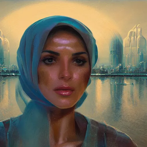 Image similar to detailed face of an arabic woman, tectonic cityscape, skydome, reactor, utopian, wet reflections, prism, atmospheric, ambient, pj crook, syd mead, livia prima, artgerm, greg rutkowski, nick alm, casey baugh