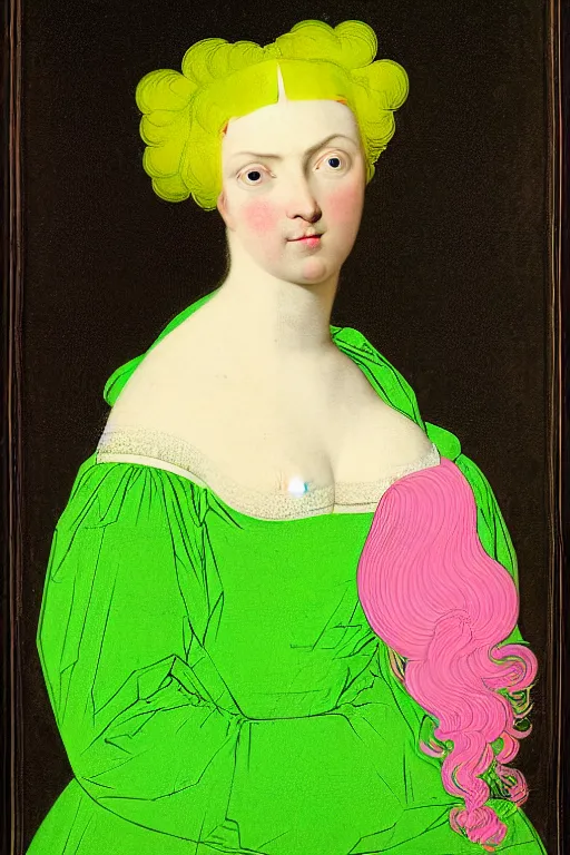 Prompt: portrait of a young pale woman with pink hair, wearing a neon green dress, intricate details, super-flat, in the style of James Jean and Jean Auguste Dominique Ingres, black background