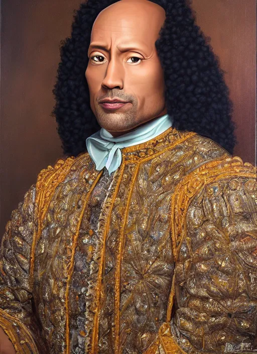 Prompt: beautiful oil painting, portrait of Dwayne the rock Johnson as Louis xiv in coronation robes 1701, Dan Mumford, Dan Mumford, Alex grey, Alex grey, hyacinthe rigaurd, highly detailed, ornate