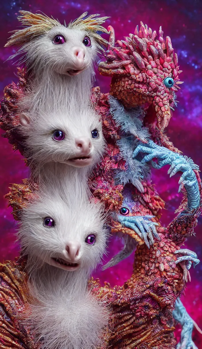 Image similar to hyper detailed 3d render like a Oil painting - kawaii portrait Aurora (a beautiful skeksis white muppet ferret queen from dark crystal that looks like Anya Taylor-Joy) seen red carpet photoshoot in UVIVF posing in scaly dress to Eat of the Strangling network of yellowcake aerochrome and milky Fruit and His delicate Hands hold of gossamer polyp blossoms bring iridescent fungal flowers whose spores black the foolish stars by Jacek Yerka, Ilya Kuvshinov, Mariusz Lewandowski, Houdini algorithmic generative render, Abstract brush strokes, Masterpiece, Edward Hopper and James Gilleard, Zdzislaw Beksinski, Mark Ryden, Wolfgang Lettl, hints of Yayoi Kasuma, octane render, 8k