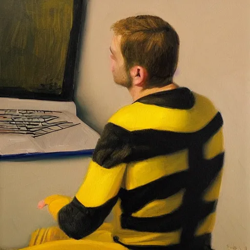 Prompt: tired man in a bumblebee costume drinks coffee in front of a laptop, highly detailed, masterpiece, realist, oil on canvas