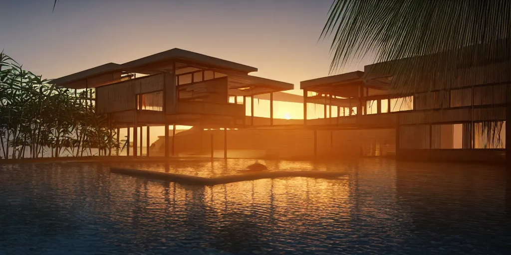 Image similar to a modern bamboo house, tropical modernism, a view of the beach, sunset, photorealism, beautiful, cinematic dramatic atmosphere, volumetric cinematic perfect light, detailed octane render trending on artstation, 8 k, by chris hytha and jag studio